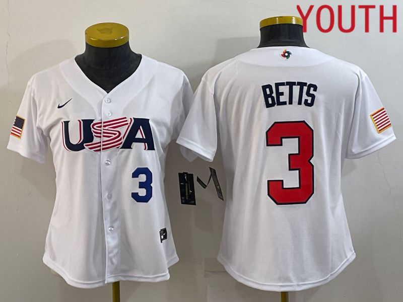 Youth 2023 World Cub USA 3 Betts White MLB Jersey3